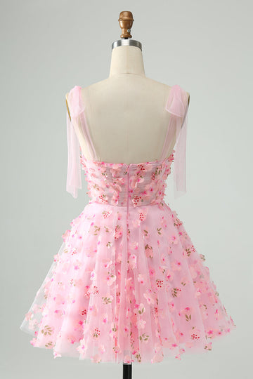 Söt Rosa A Line Spaghetti Straps Kort Homecoming Klänning Med 3D Blommor